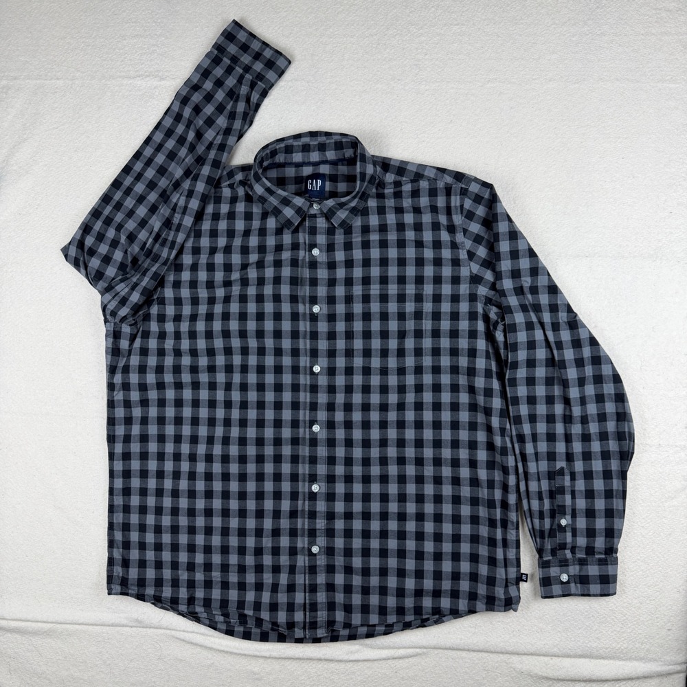 Gap Mens XXL Grey Black Buffalo Plaid Long Sleeve Button Down Shirt Cotton Blend - Picture 2 of 7